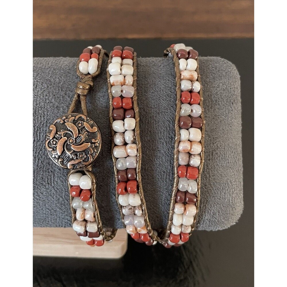 Wrap Bracelet in Fall Autumn Colors Seed Bead and Button Closure